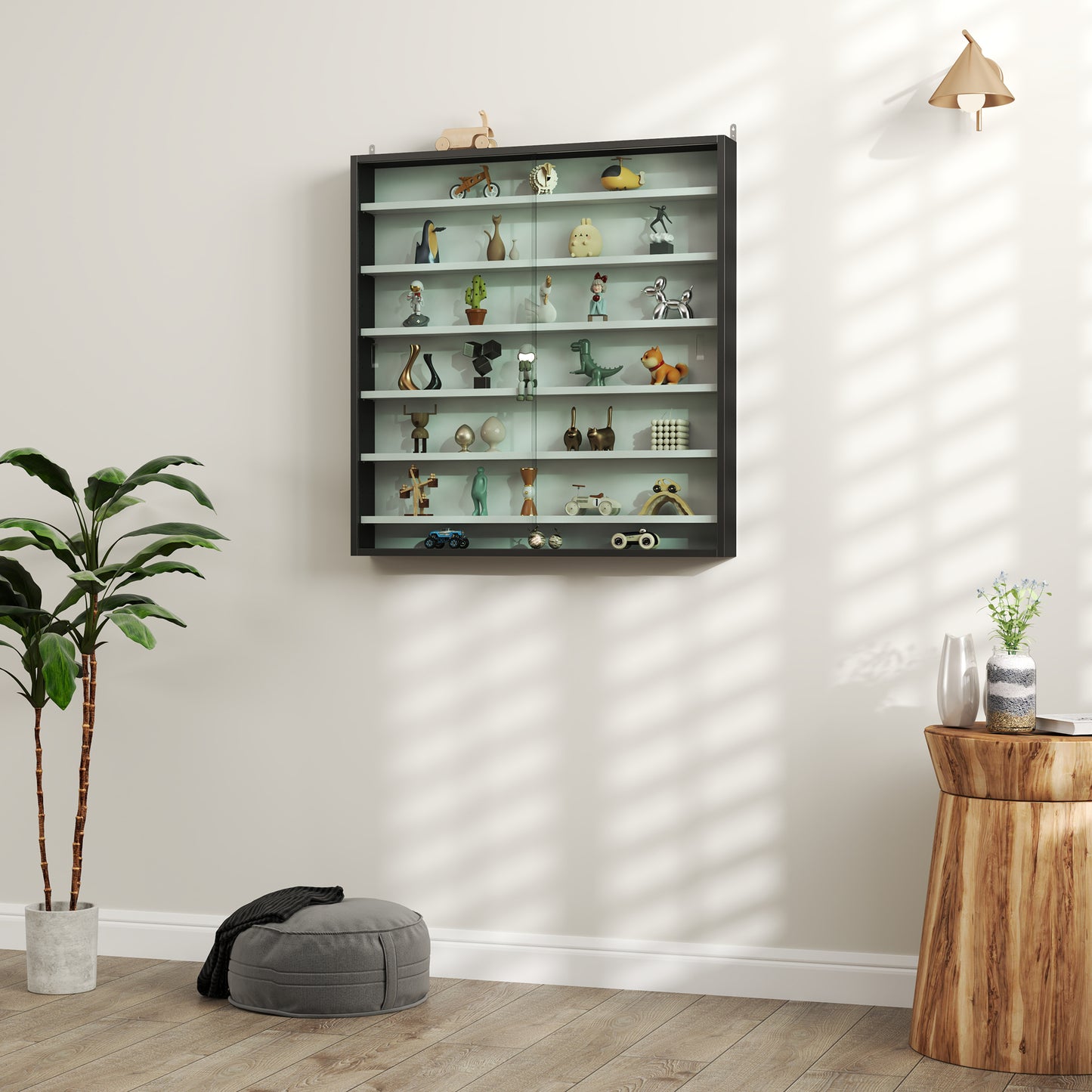 7-Tier Wall Display Cabinet w/ Shelves Glass Doors, Black and White