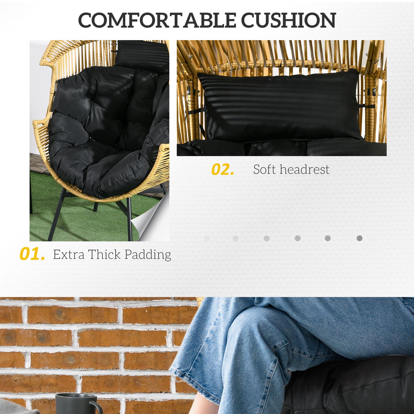 Rattan Leisure Chair w/ Cushion, Garden Egg Chair with Headrest, Sand