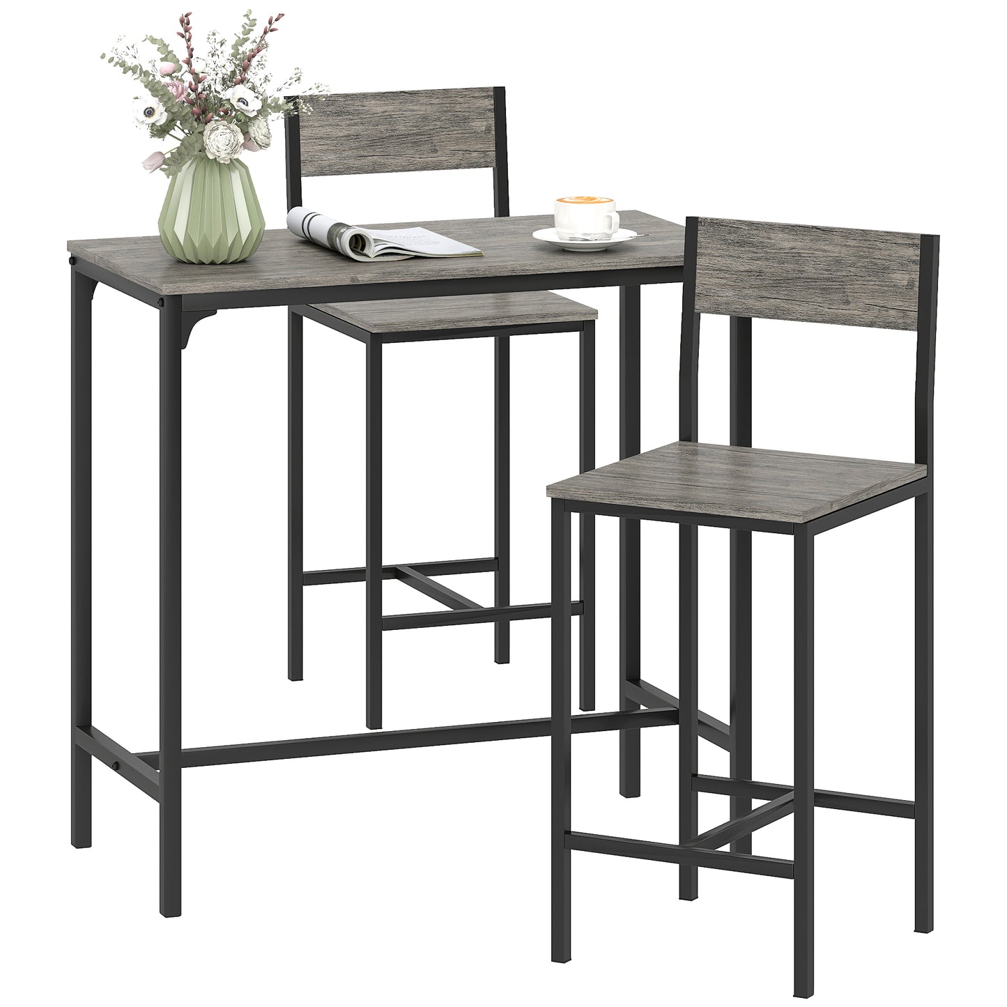 Bar Table and Stools Set, Kitchen Table and 2 Chairs with Backrest, Footrest