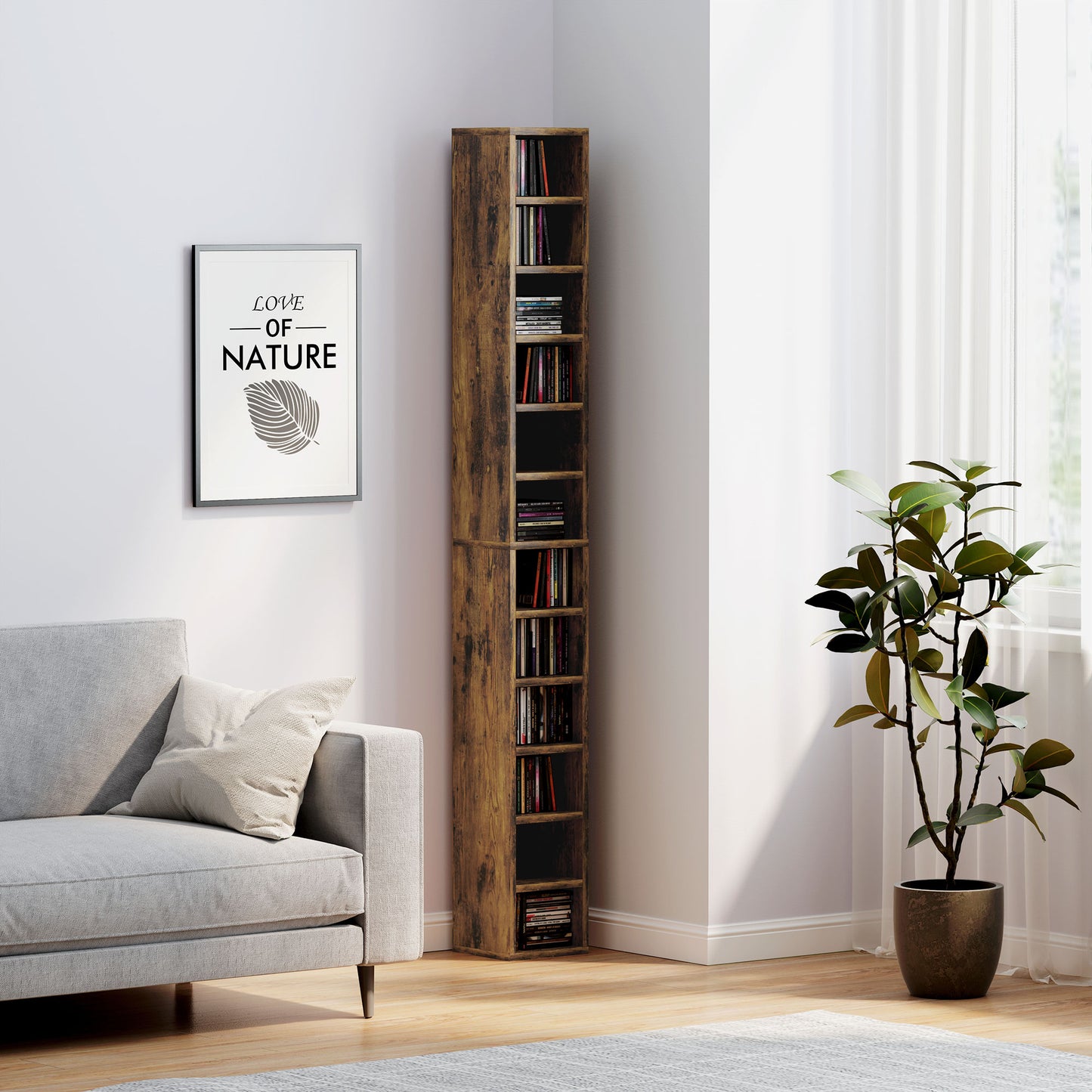 204 CD Storage Tower Tall Bookcase Bookshelf with Cubes Rustic Brown