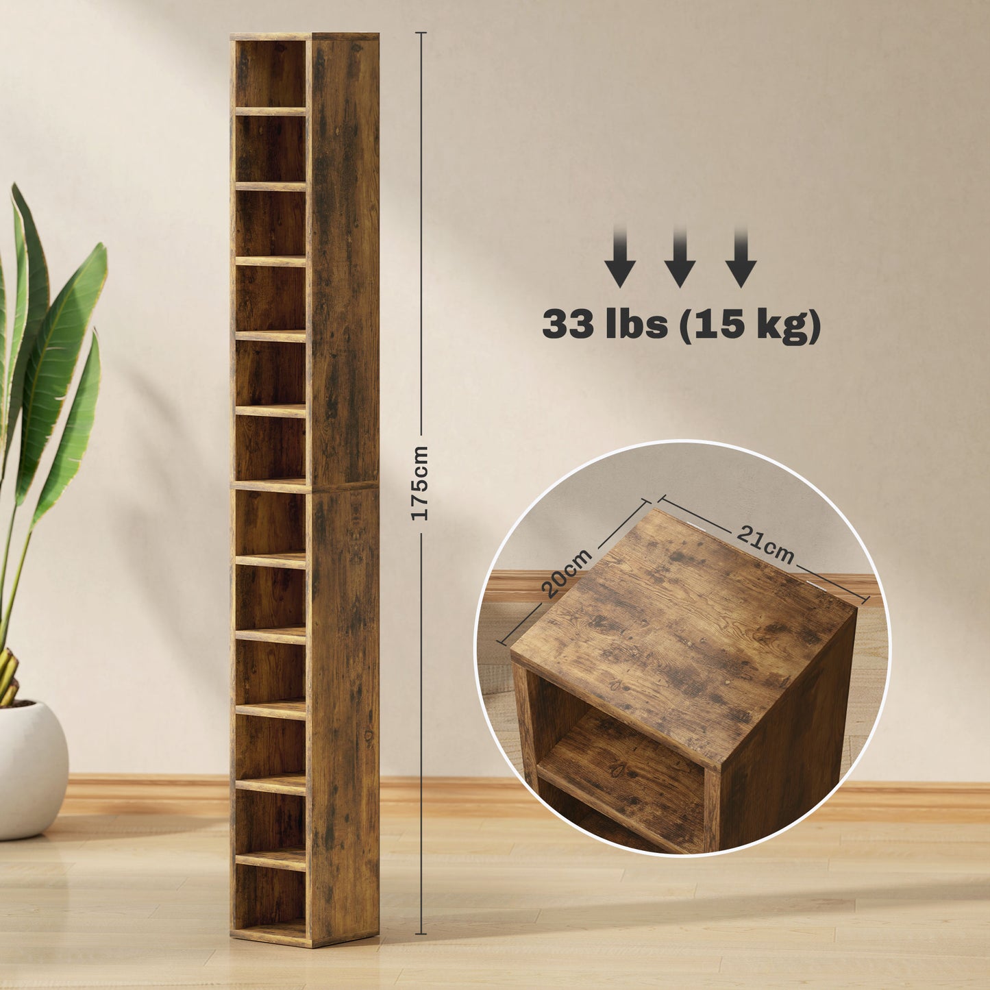 204 CD Storage Tower Tall Bookcase Bookshelf with Cubes Rustic Brown