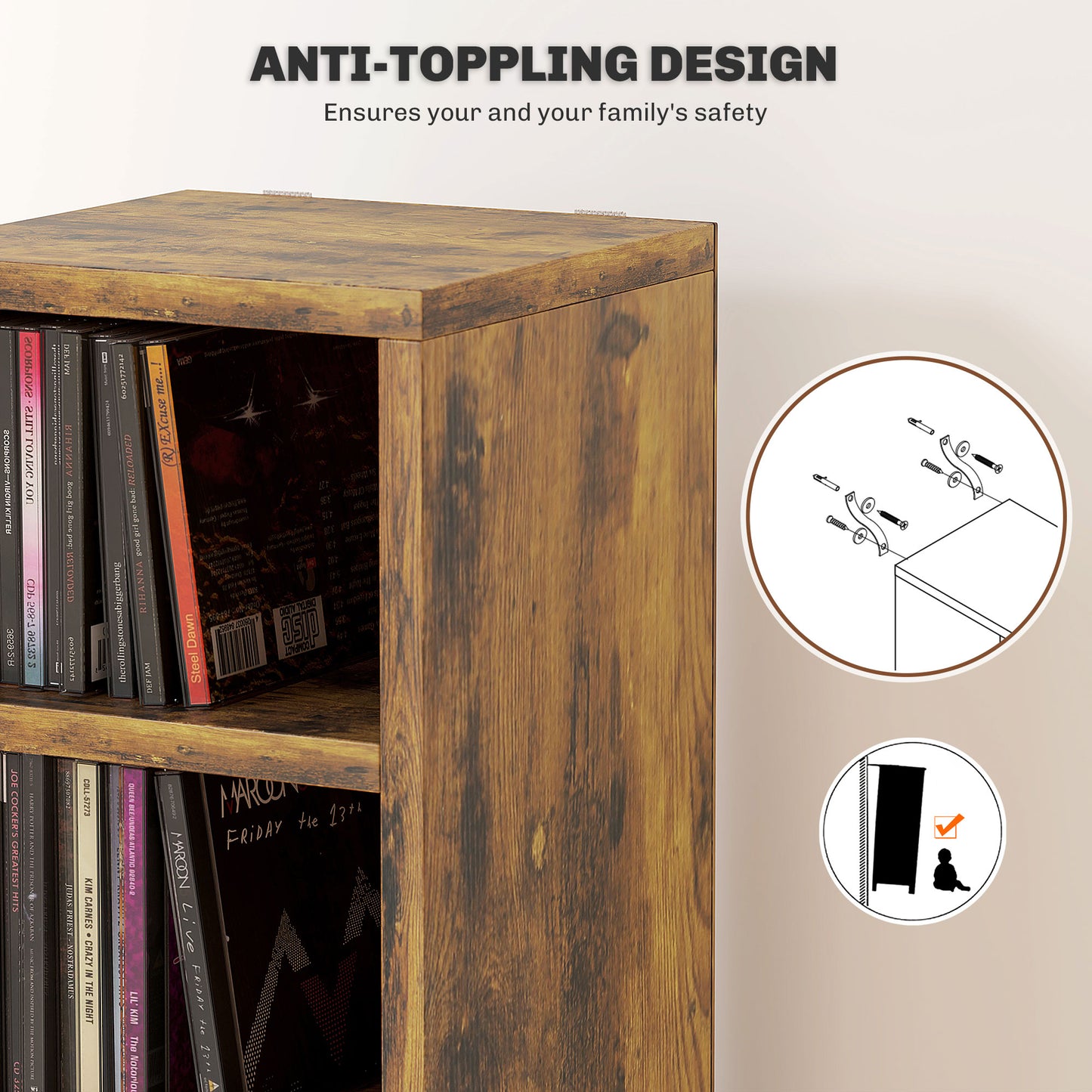 204 CD Storage Tower Tall Bookcase Bookshelf with Cubes Rustic Brown
