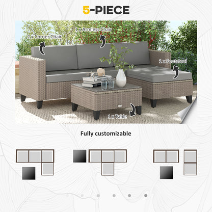 5-Piece Rattan Patio Furniture Set with Corner Sofa, Footstools, Coffee Table, for Poolside, Brown