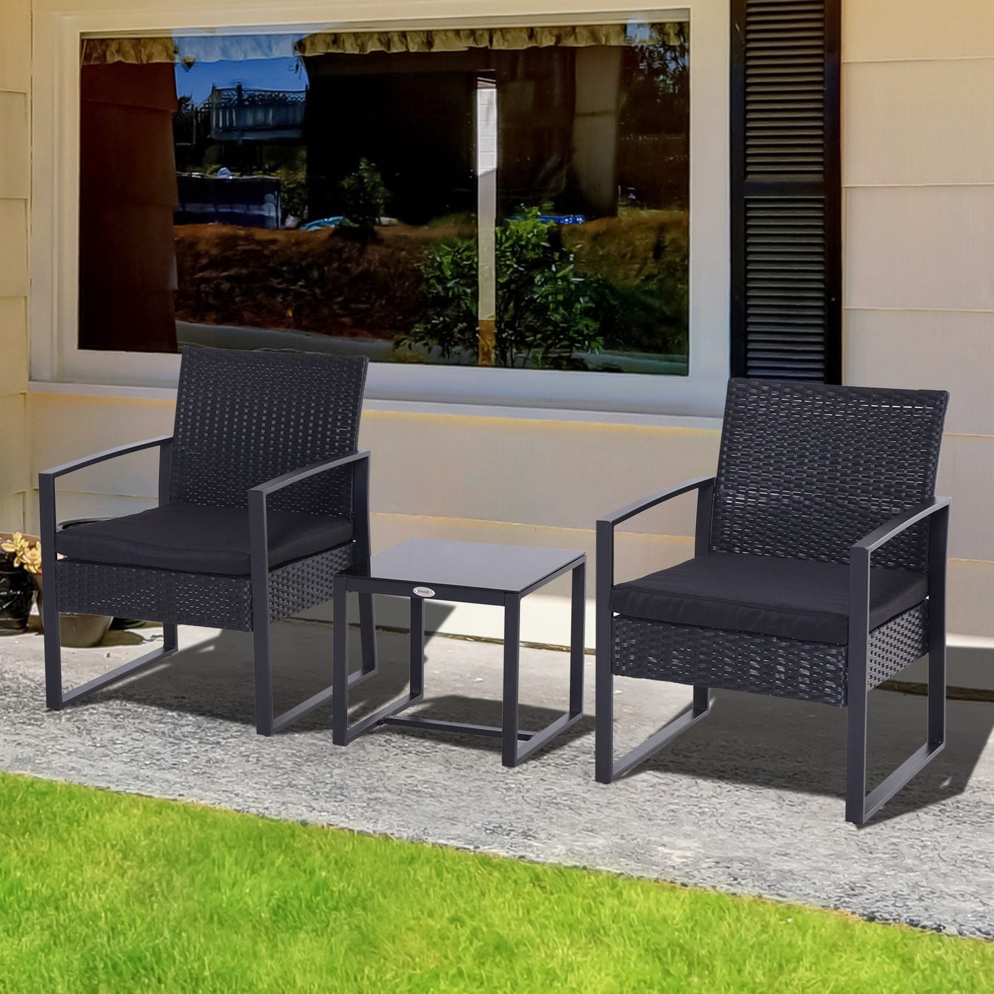 Outsunny 3 Pieces Outdoor Rattan Bistro Set, Patio Wicker Balcony Furniture, Conservatory Sofa Coffee Table and Chairs Sets for Garden, Backyard, Porch, Black