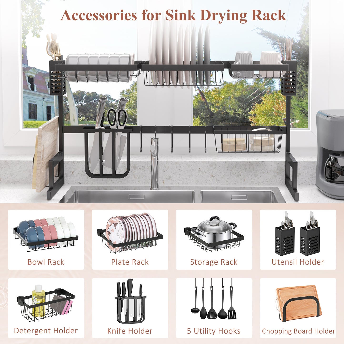 Over The Sink Dish Drainer Rack, 2 Tier Dish Rack for Kitchen, Black