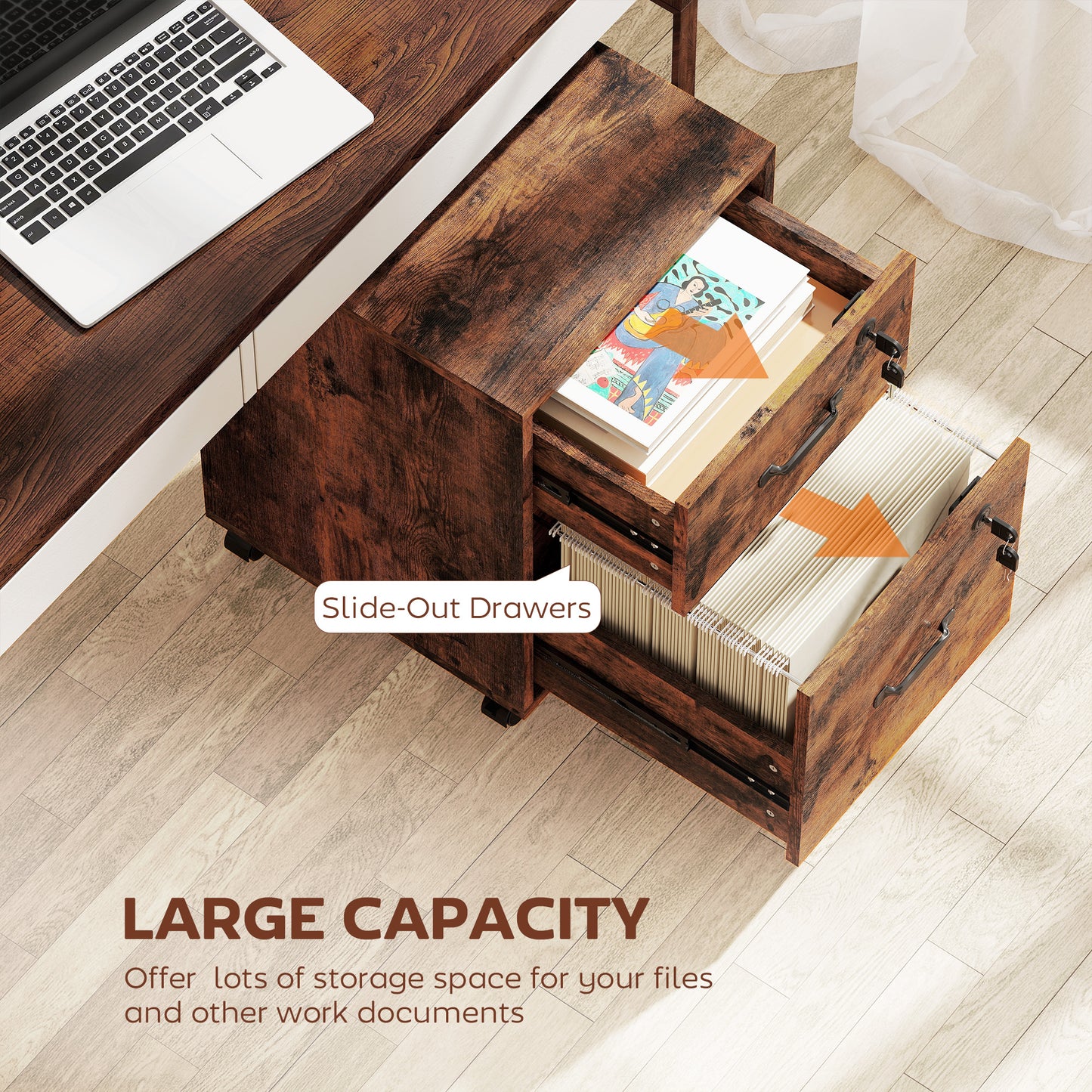 Roll File Cabinet with Drawer, Organiser Letter Size, Rustic Brown