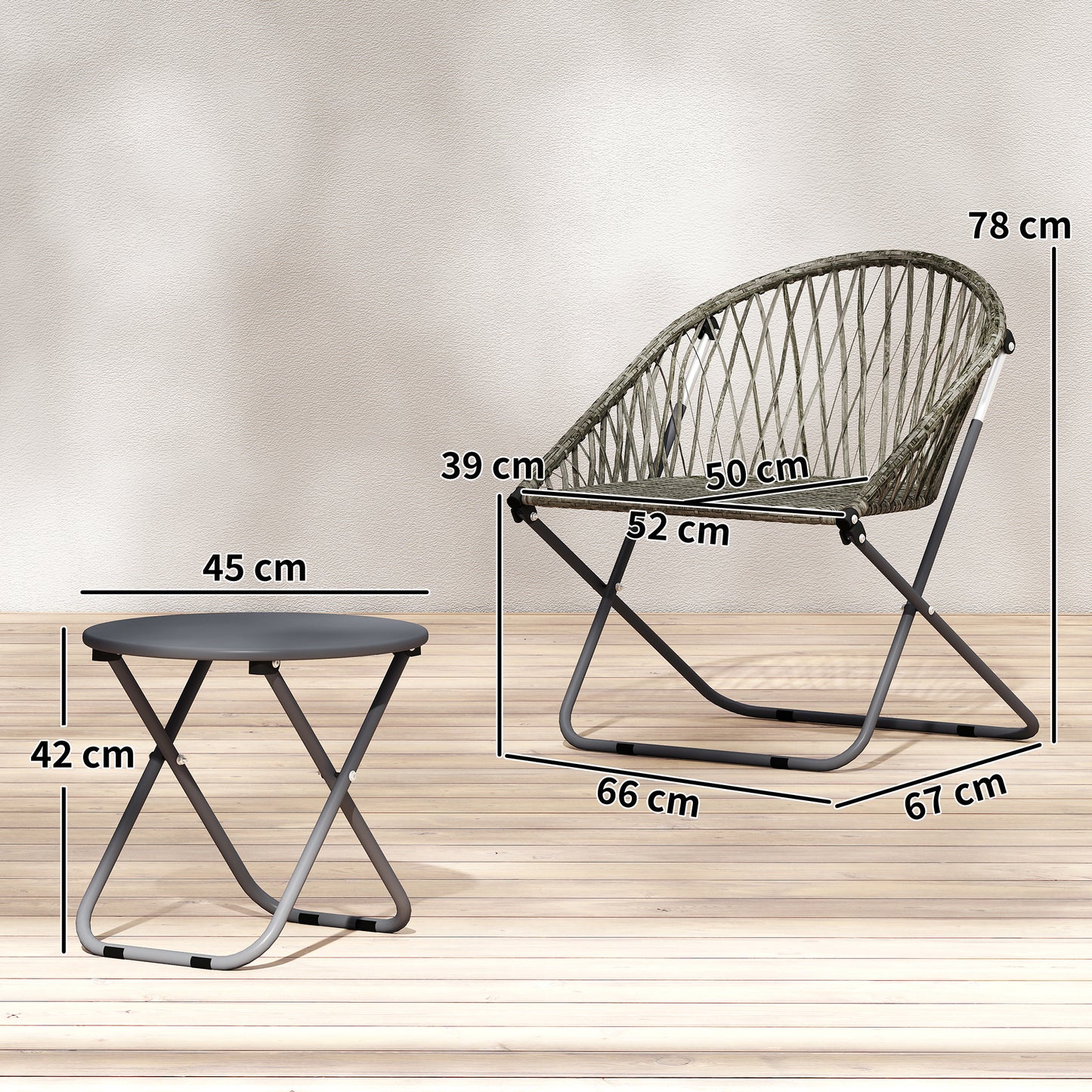 Outdoor Bistro Set, Folding Table and Rattan Chairs for 2, Grey