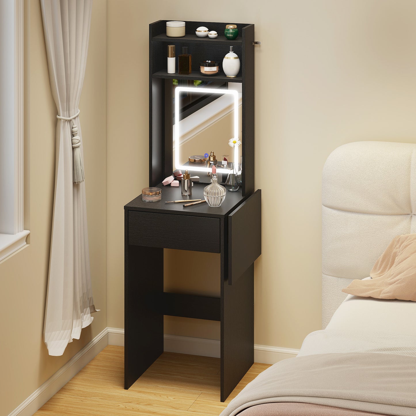 Compact Dressing Table with Lighted Mirror Open Shelves Drawer Black