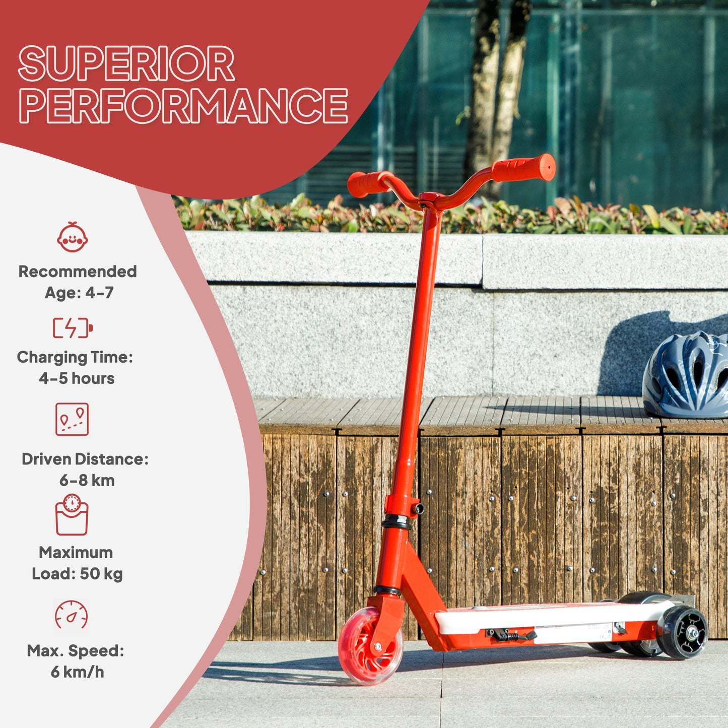 Electric Scooter for Kids 4-7, with Auxiliary Rear Wheels, Red