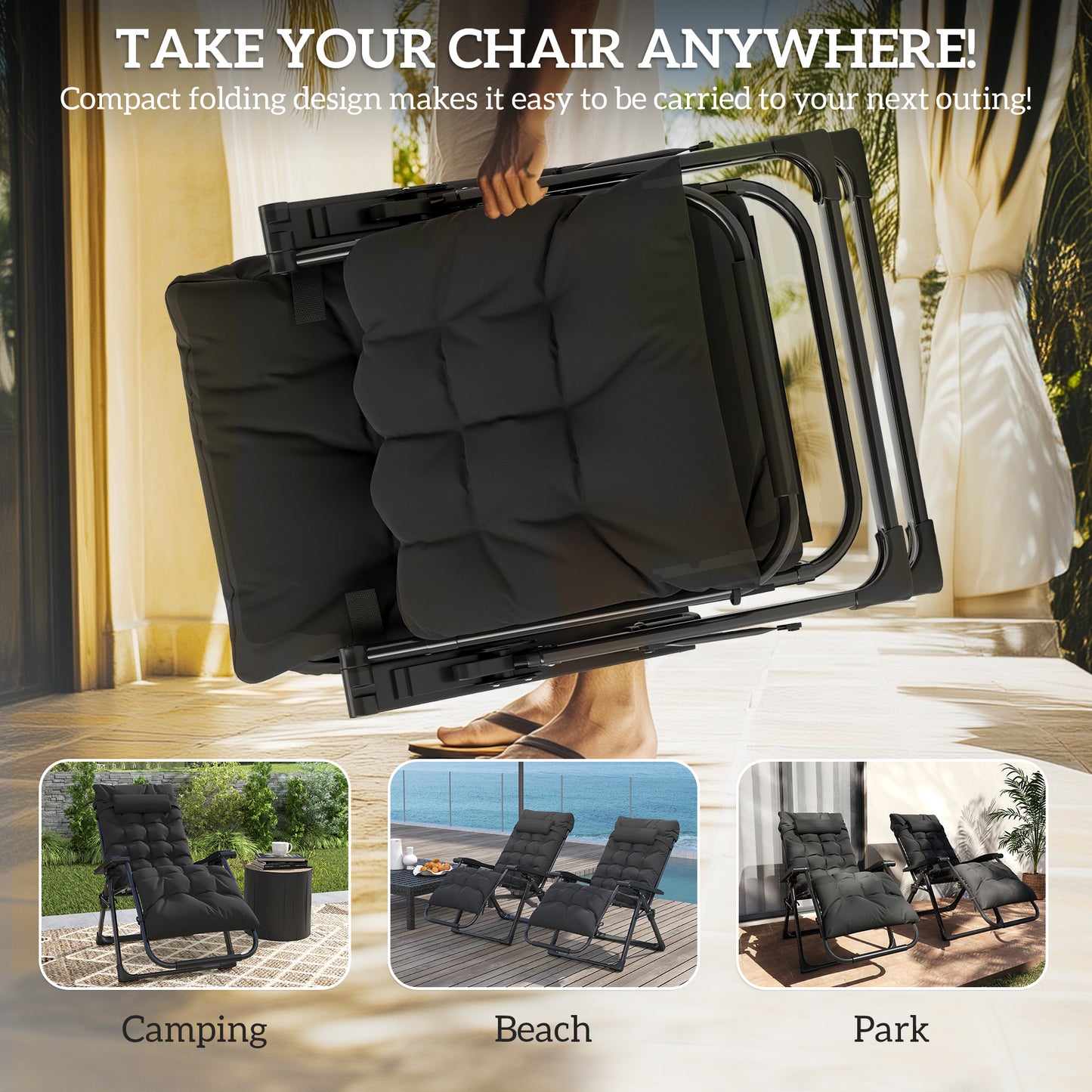 2 PCS Reclining Zero Gravity Chair Folding Lounger Cushion Black