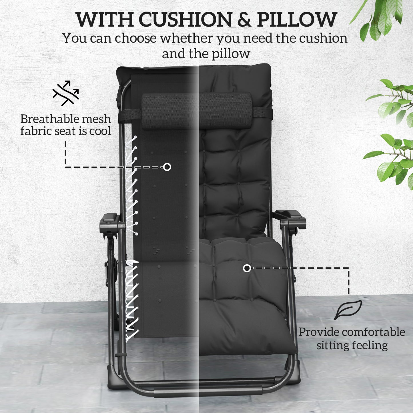 2 PCS Reclining Zero Gravity Chair Folding Lounger Cushion Black