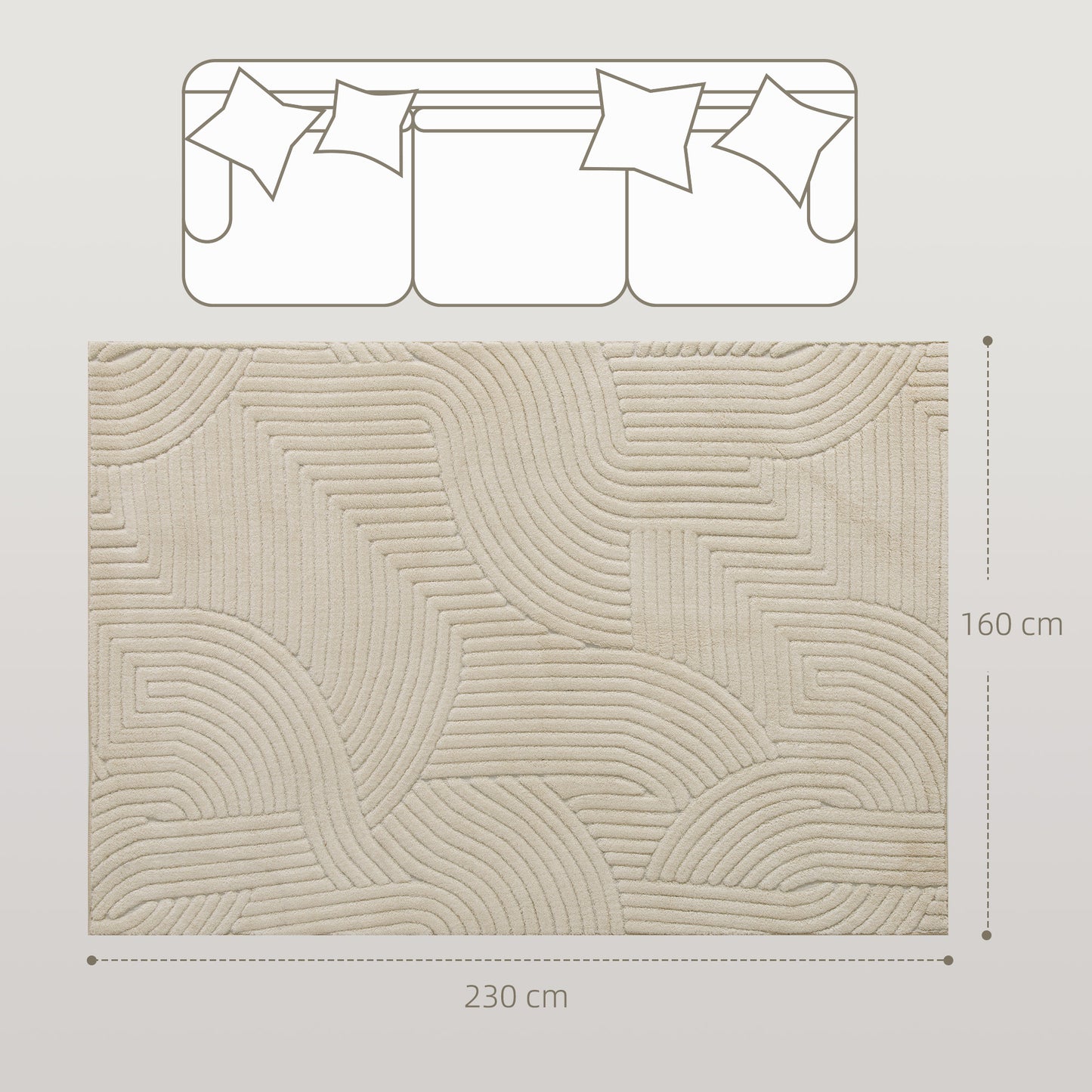 Modern Geometric Rug, Thick & Plush, Non-Slip, 230 x 160 cm – Cream