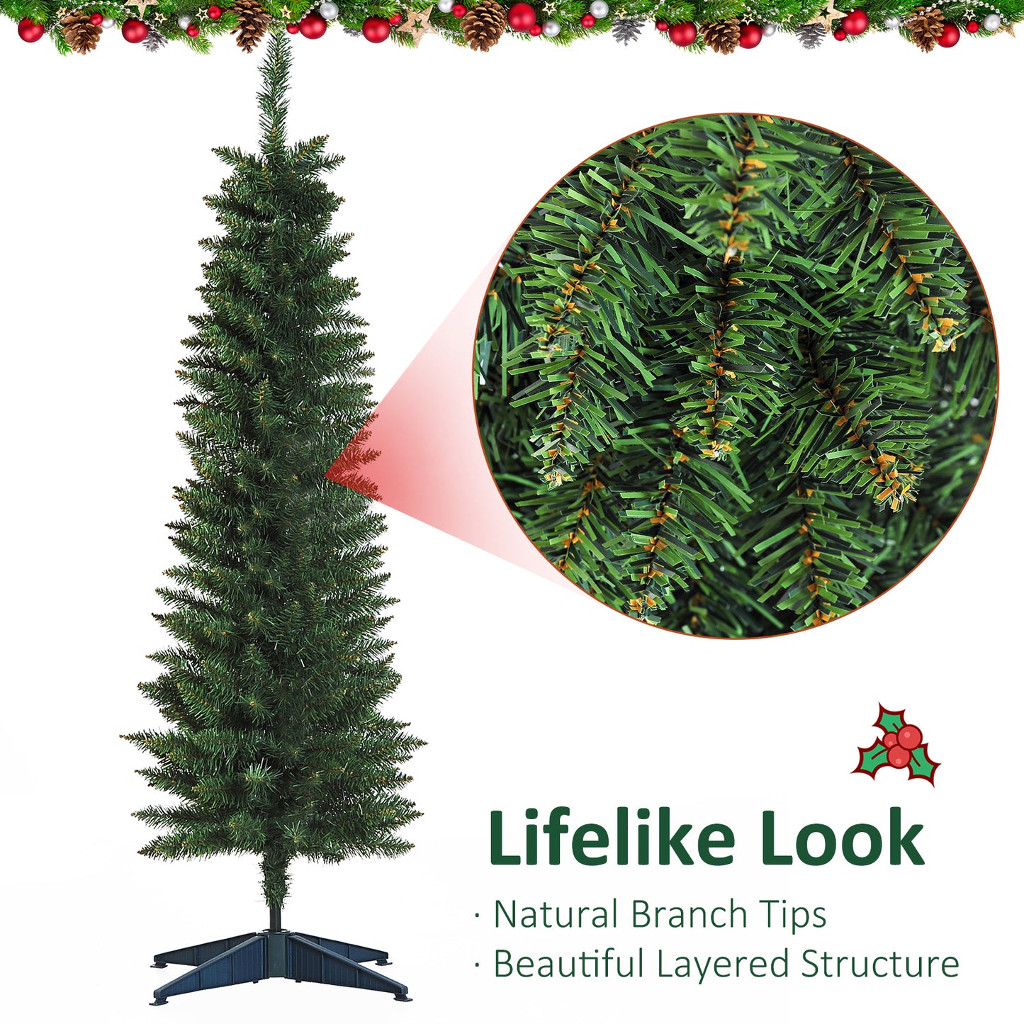5FT Pencil Slim Artificial Christmas Tree with Study Stand Tips Green