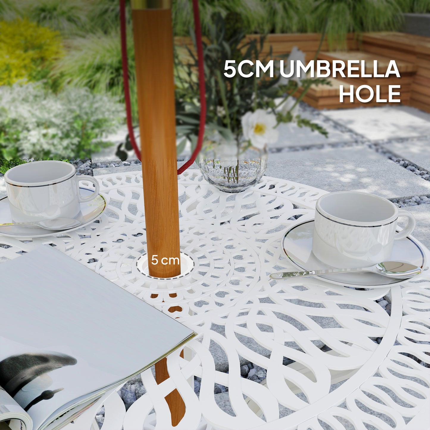 3 Piece Patio Bistro Set Outdoor Table Set with Umbrella Hole White