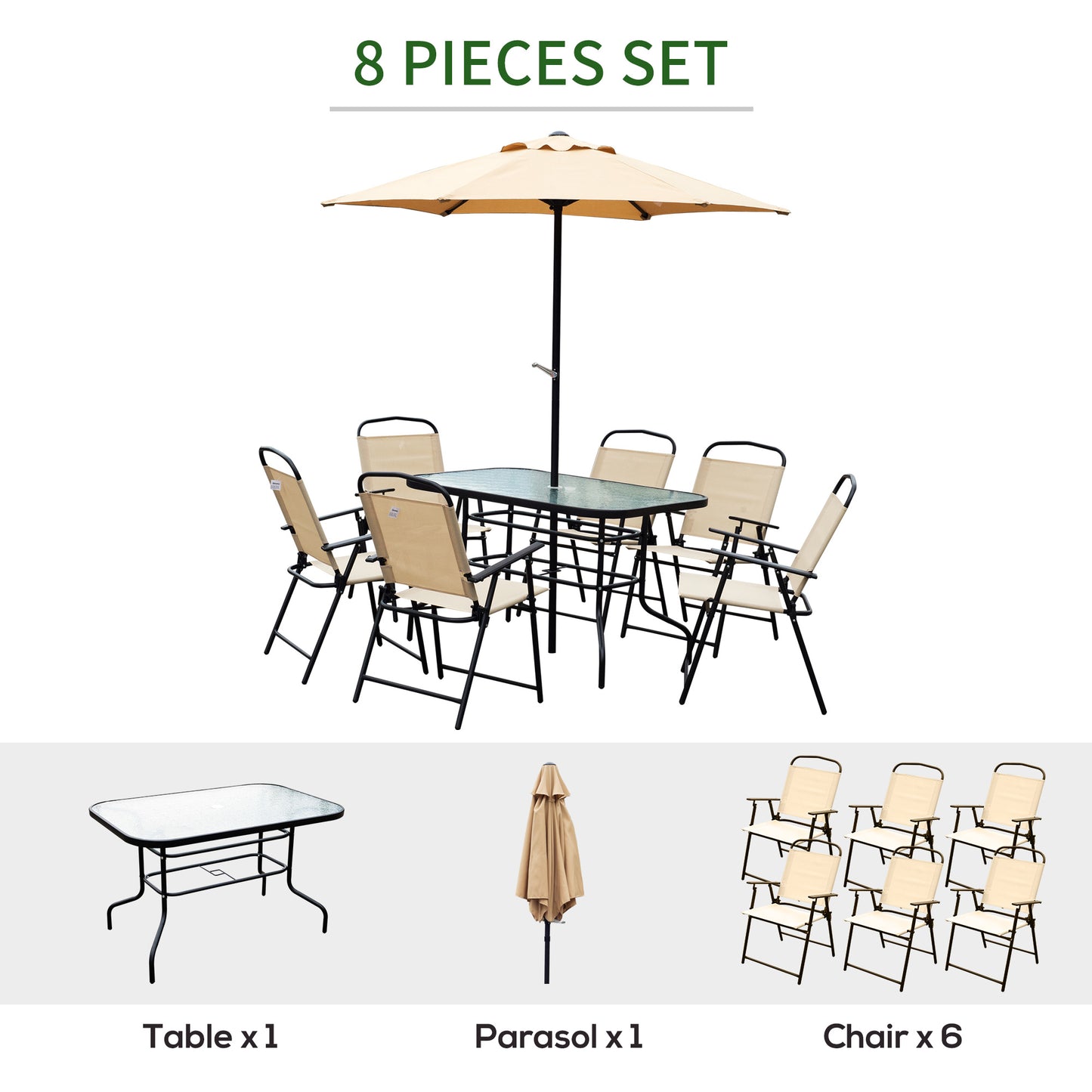 8 Pcs Dining Set W/Umbrella, Textilene-Beige