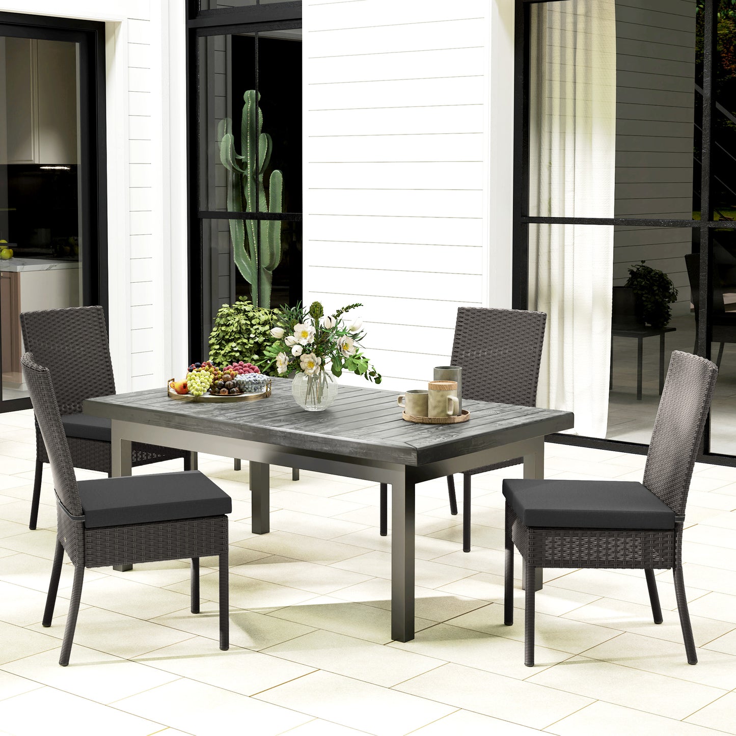 4 PCs Rattan Garden Chairs with Cushion, Wicker Dining Chairs, Grey