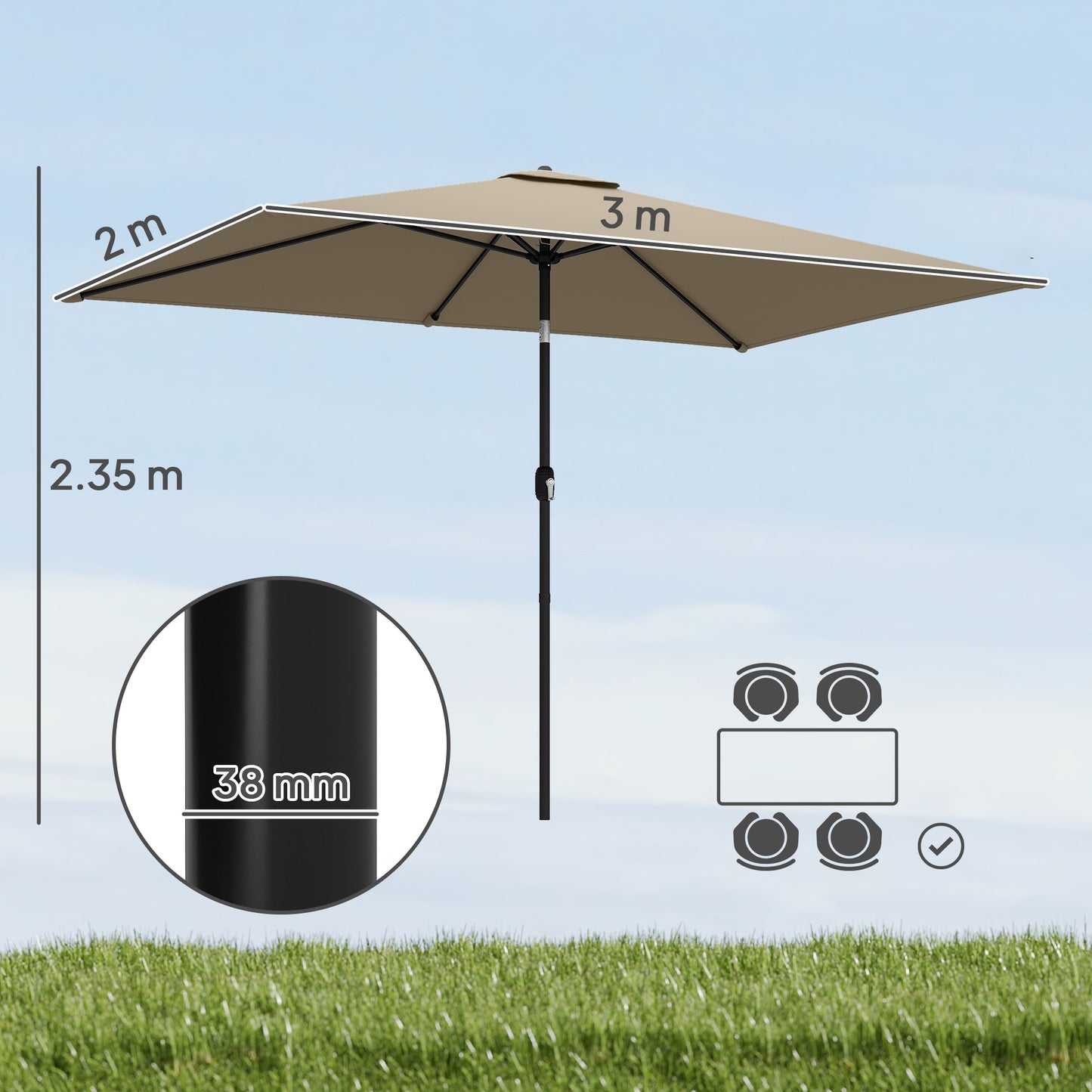 Garden Parasol, Outdoor Umbrella with Tilt Function, Khaki