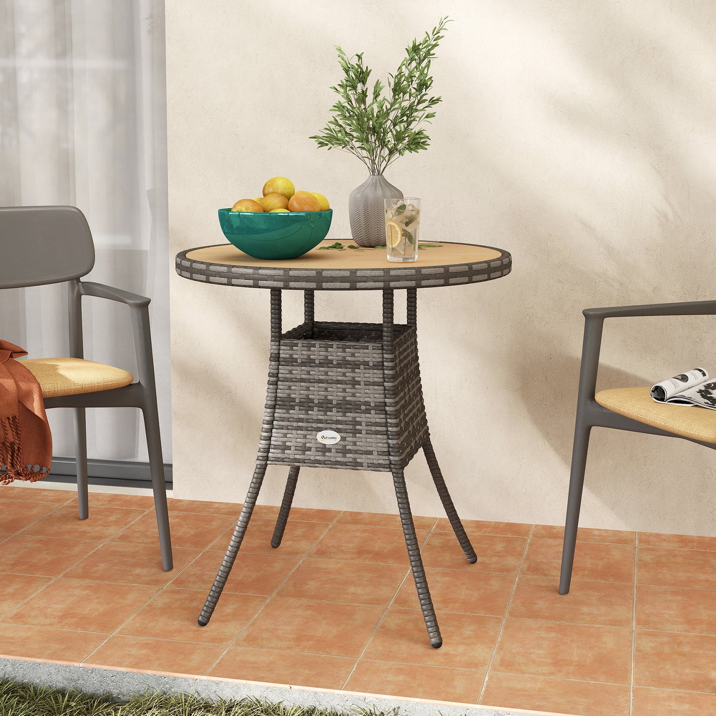 Outdoor PE Rattan Dining Table w/ Wood-plastic Composite Top, Natural