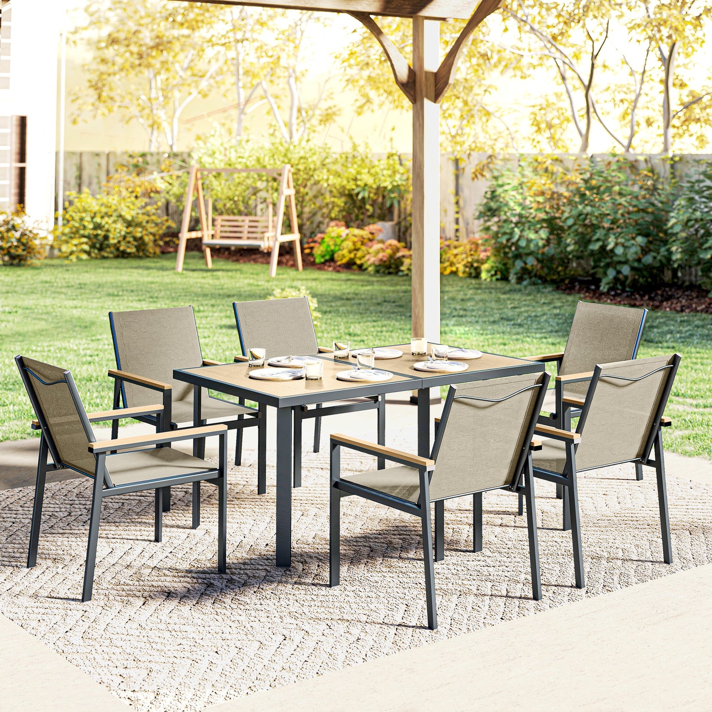 7 Piece Garden Dining Set, Outdoor Table and 6 Chairs, Khaki