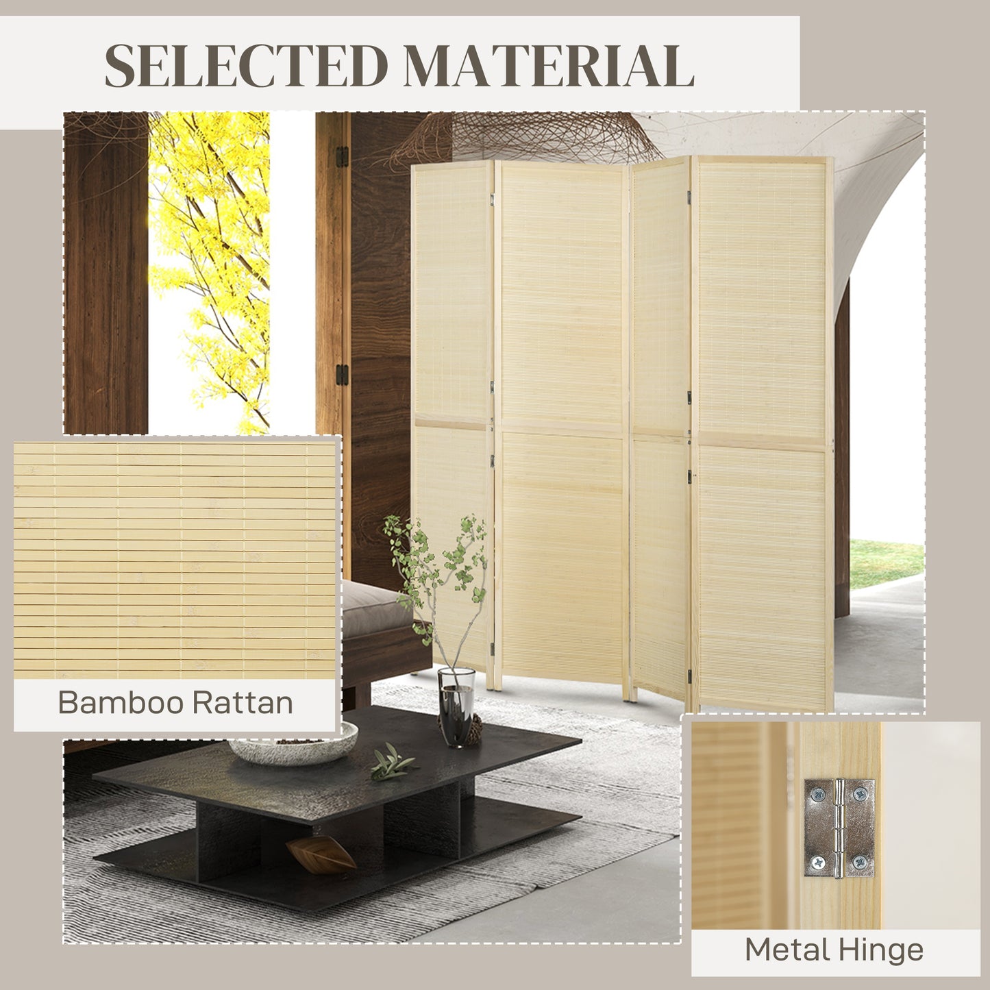 Freestanding Room Divider 4 Panel Folding Natural, 180 x 180cm