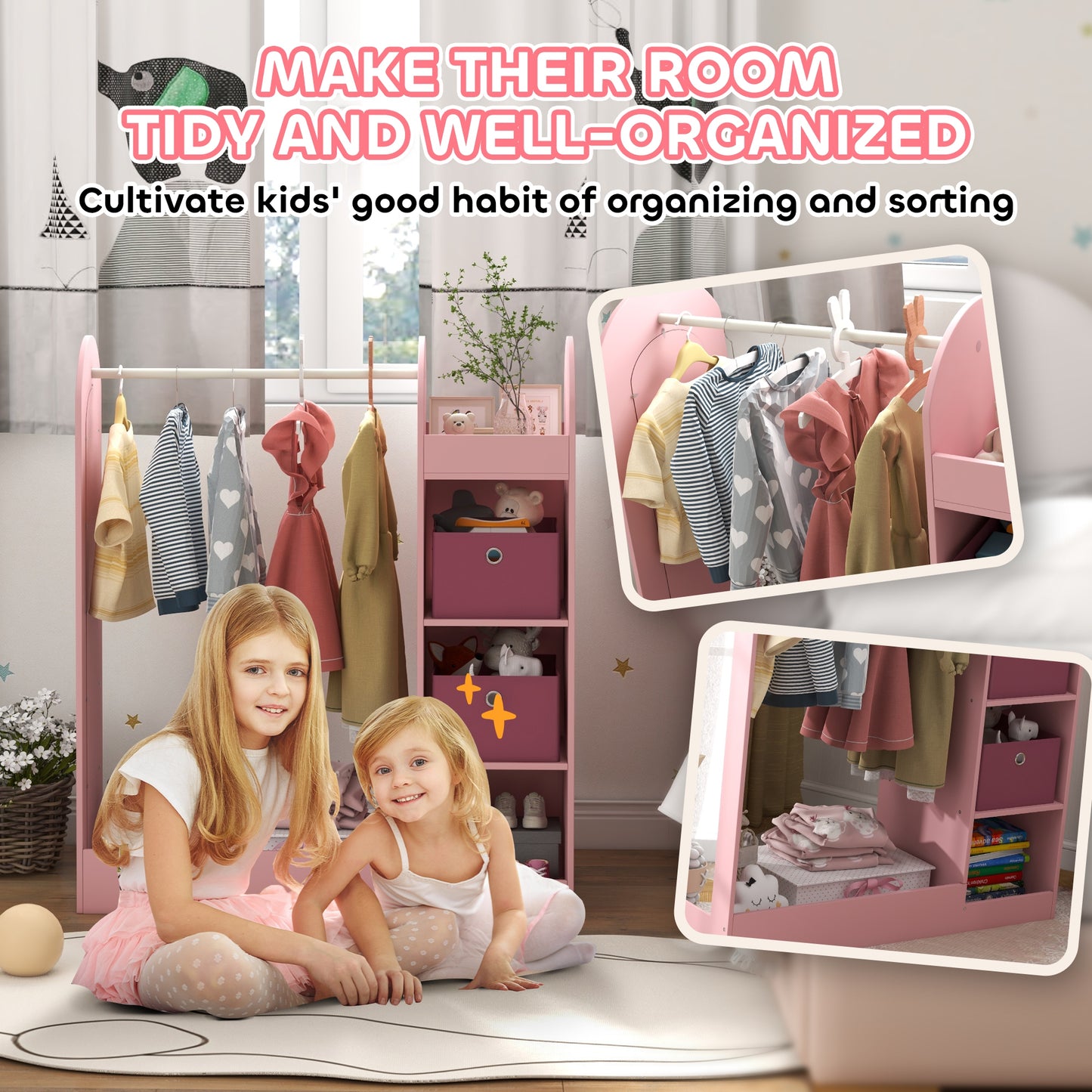Kids Cloth Rail with Storage Shelf, Boxes, Mirror for Bedroom, Pink