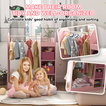 Kids Cloth Rail with Storage Shelf, Boxes, Mirror for Bedroom, Pink