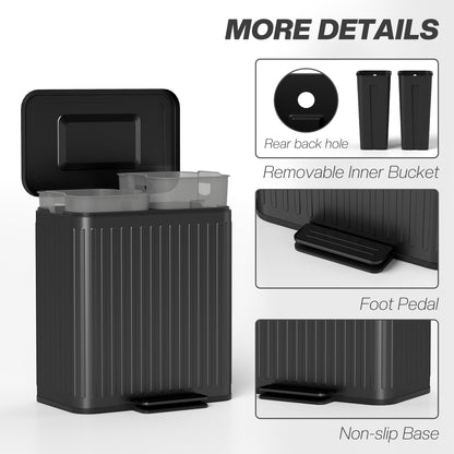 2 x 20L Double Rubbish Bin, Pedal Bin with Soft-Close Lid, Black