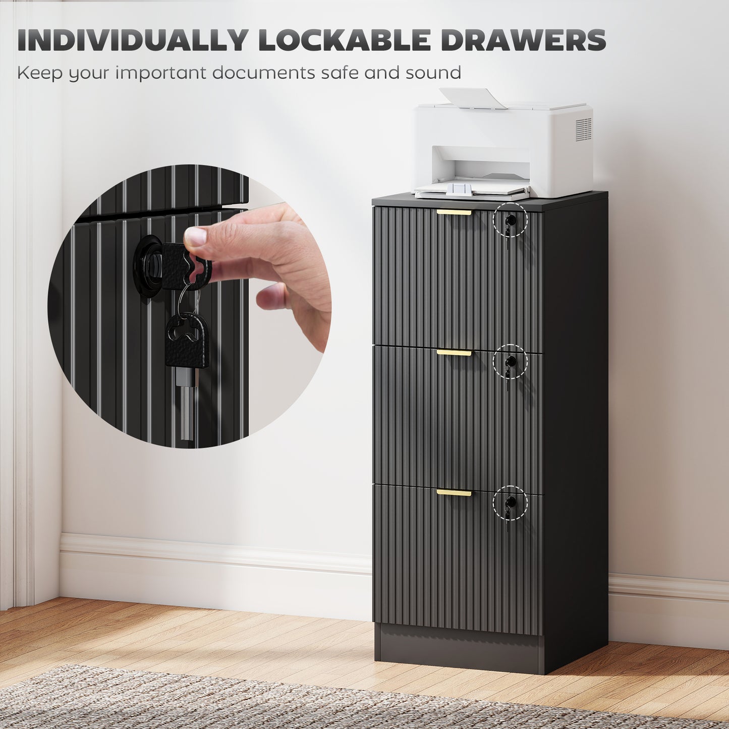 Filing Cabinet, File Cabinet with 3 Lockable Drawers and Hanging Rails
