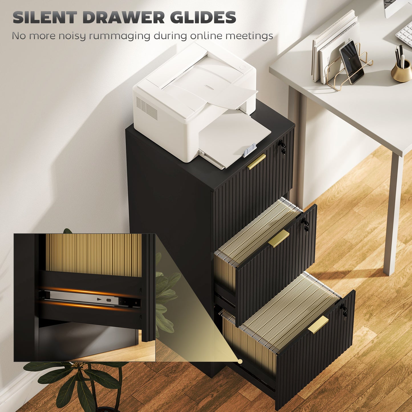 Filing Cabinet, File Cabinet with 3 Lockable Drawers and Hanging Rails
