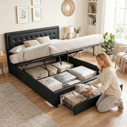 Upholstered Bed Frame with Storage Drawer and Adjustable Headboard, 5ft King Size Ottoman Bed with Gas Lift End Opening, Wooden Slats, No Mattress, Black