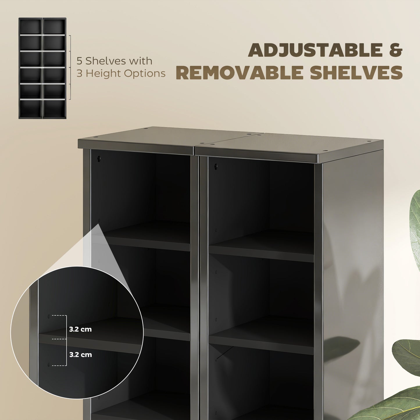 Set of 2 CD Storage Units with Adjustable Shelves, High Gloss Black