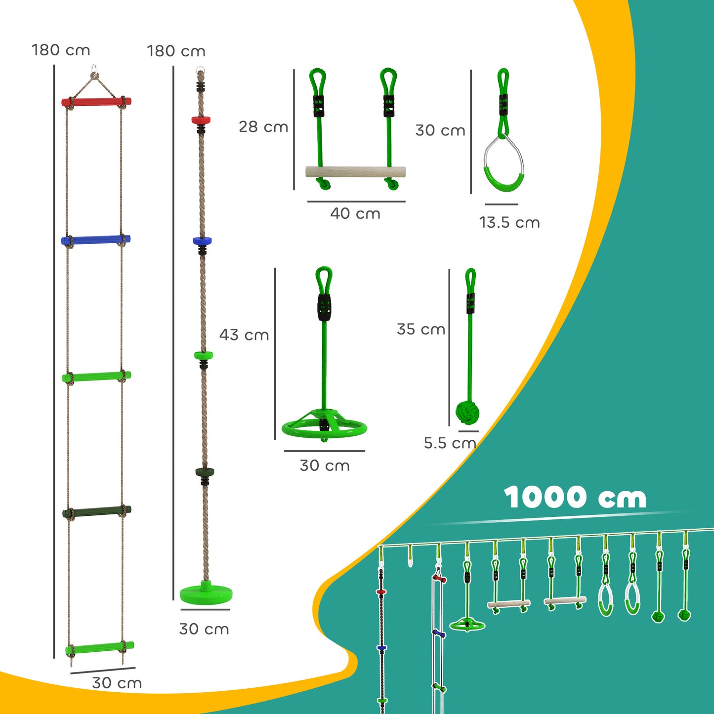 Obstacle Course for Kids with 10PCs Slackline Kit, Green