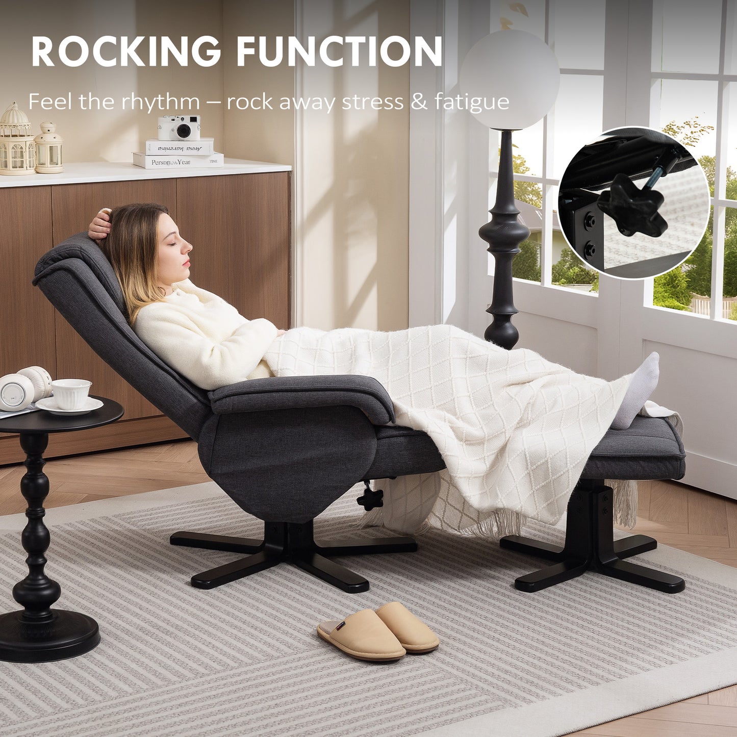 Rocker Swivel Recliner Chair with Footstool, Linen Upholstered