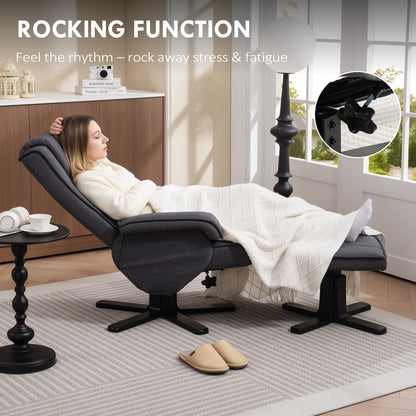 Rocker Swivel Recliner Chair with Footstool, Linen Upholstered