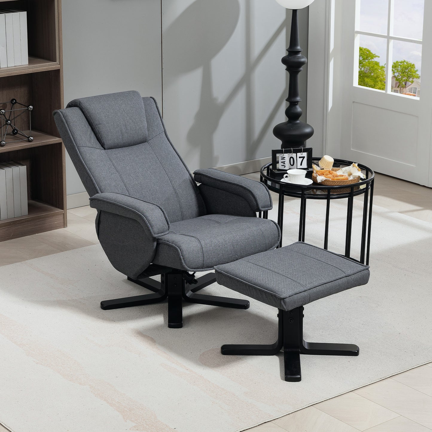 Rocker Swivel Recliner Chair with Footstool, Linen Upholstered