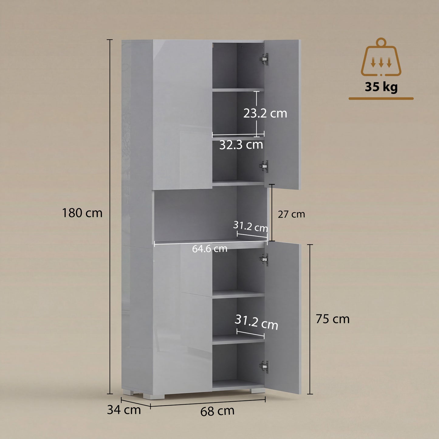 180cm Tall Kitchen Cupboard, Pantry Storage Cabinet, High Gloss Grey