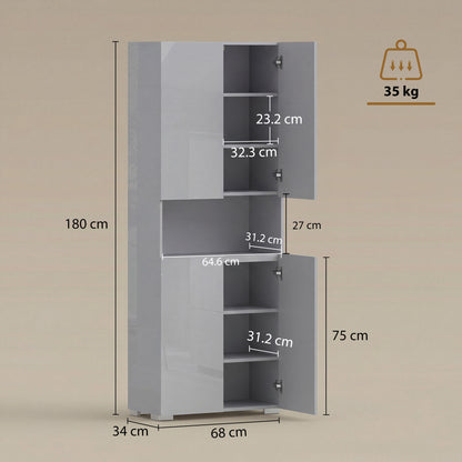 180cm Tall Kitchen Cupboard, Pantry Storage Cabinet, High Gloss Grey