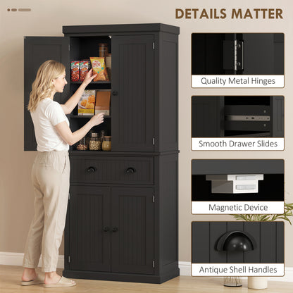 183 cm Tall Kitchen Cabinet, Freestanding Storage Cabinet with 4 Doors, Drawer and Adjustable Shelves, Kitchen Cupboard for Dining Room, Black