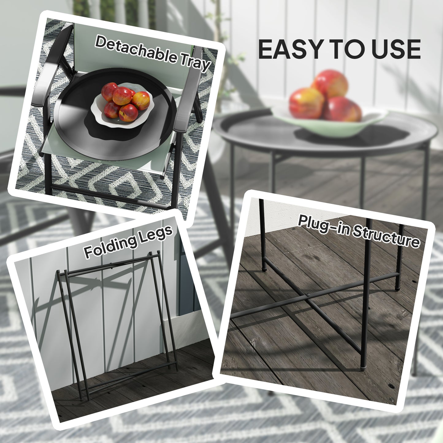 46cm Round Garden Table, Small Side Table w/ Removable Tray, Black