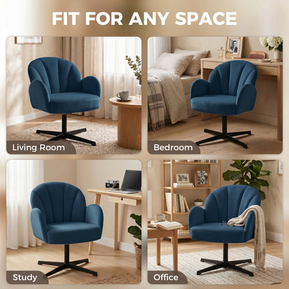 Swivel Accent Chair, Velvet-Feel Fabric Shell-Shaped Armchair with Spring Cushion, Metal Base, Modern Reading Chair for Living Room, Bedroom, Study, Makeup, Dark Blue