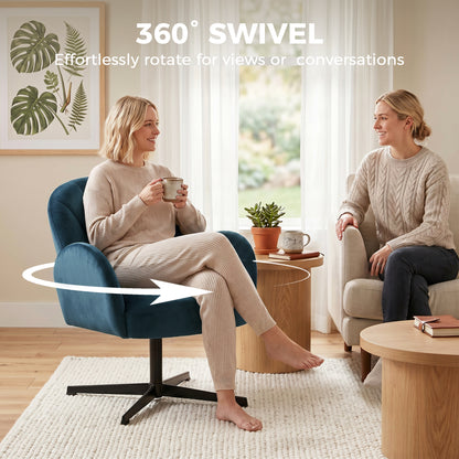 Swivel Accent Chair, Velvet-Feel Fabric Shell-Shaped Armchair with Spring Cushion, Metal Base, Modern Reading Chair for Living Room, Bedroom, Study, Makeup, Dark Blue