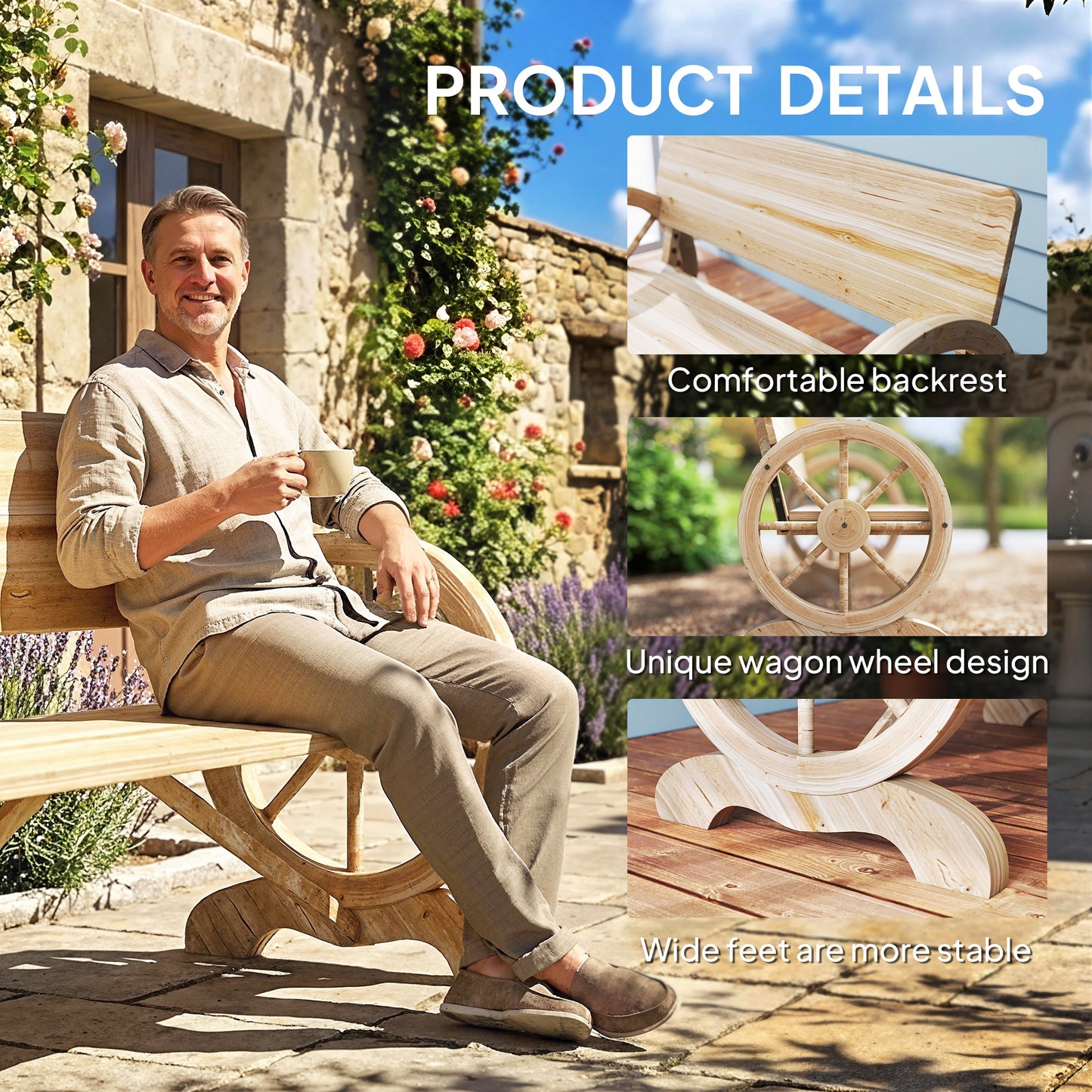 Wooden Garden Bench Outdoor Loveseat with High Back, Natural Wood