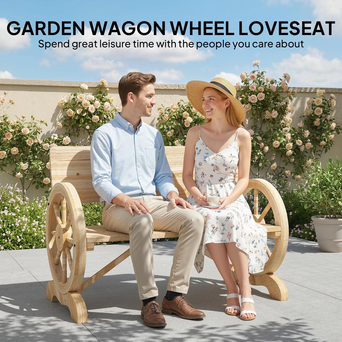 Wooden Garden Bench Outdoor Loveseat with High Back, Natural Wood