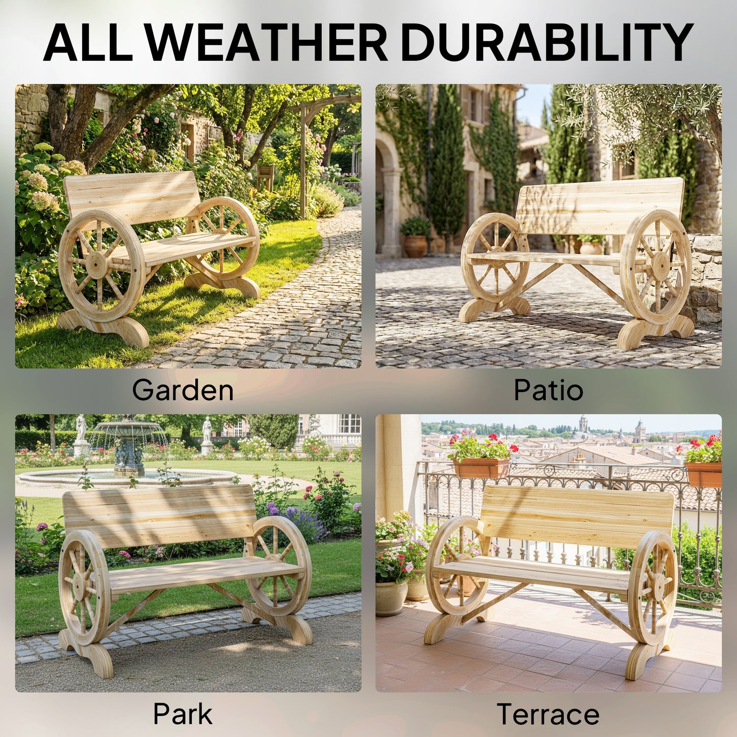 Wooden Garden Bench Outdoor Loveseat with High Back, Natural Wood