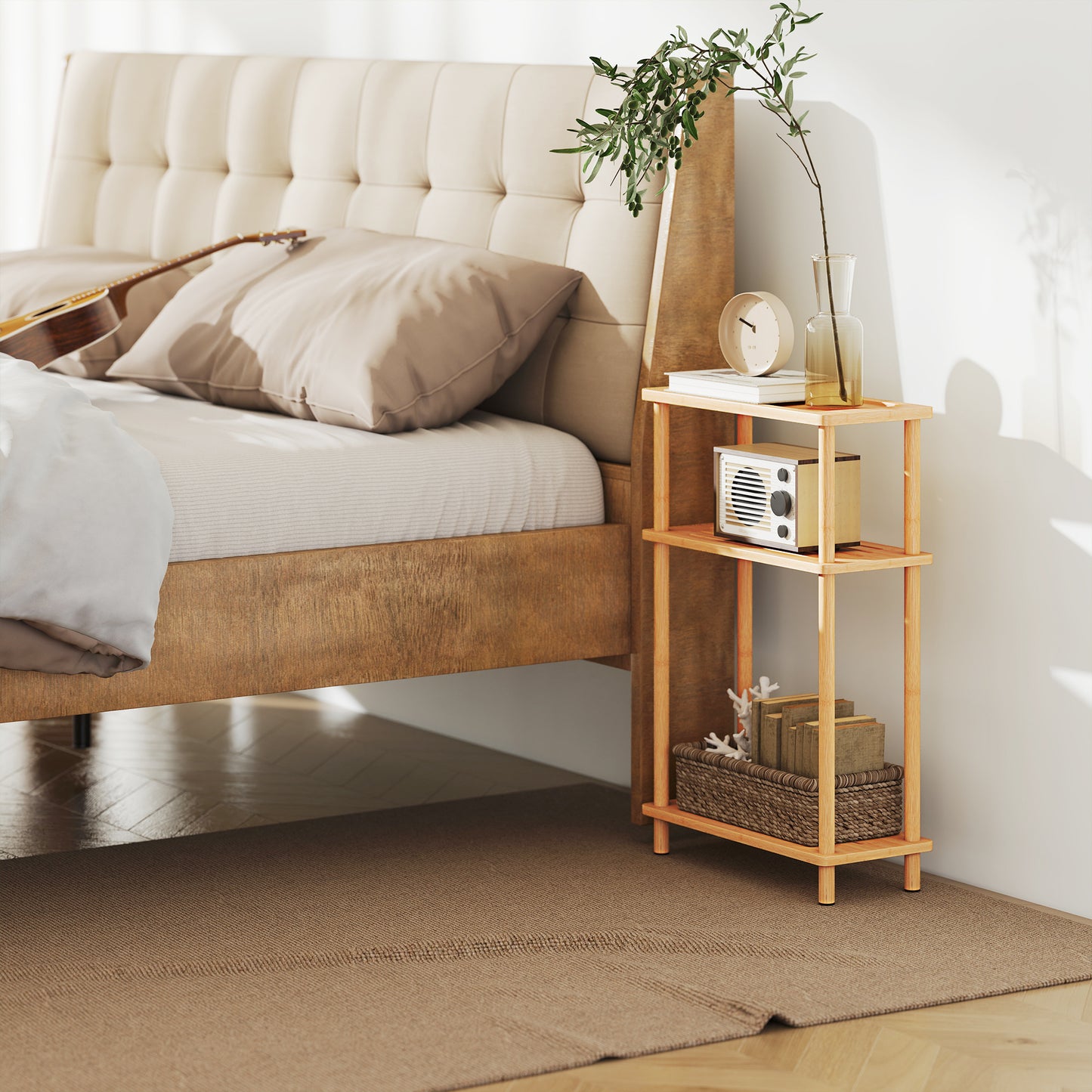 3-Tier Slim End Table, Tool-Free Assembly, Natural Wood Finish