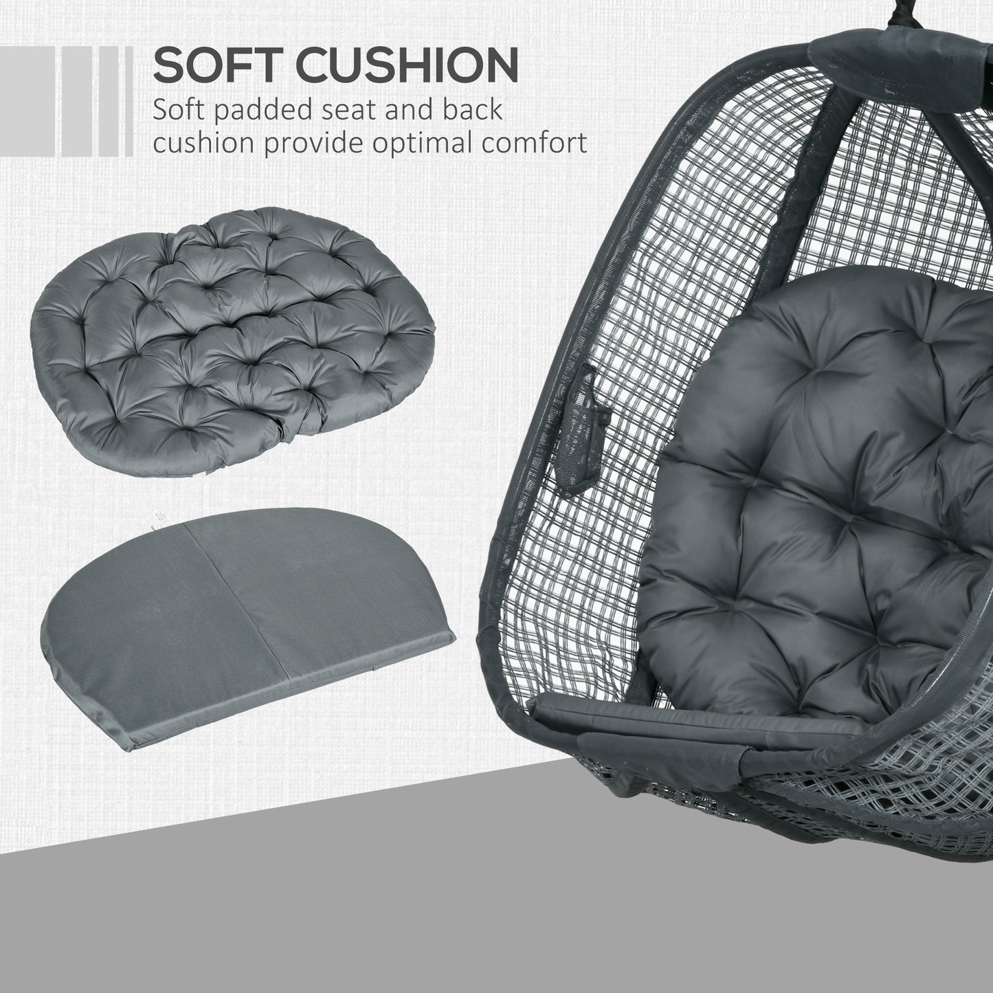 Outdoor Swing Chair w/ Thick Padded Cushion, Patio Hanging Chair w/ Metal Stand, Foldable Basket, Cup Holder, Grey