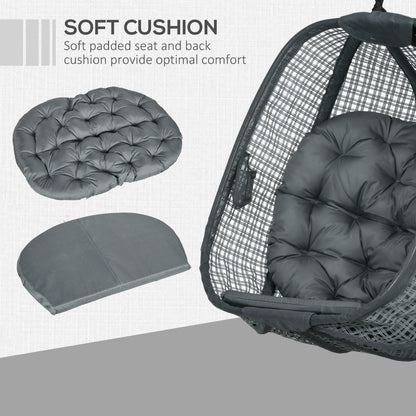 Outdoor Swing Chair w/ Thick Padded Cushion, Patio Hanging Chair w/ Metal Stand, Foldable Basket, Cup Holder, Grey