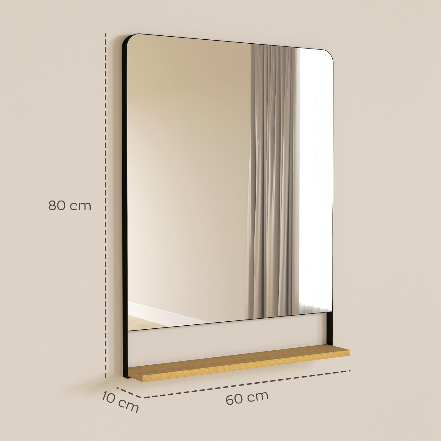 Decorative Mirror with Wood Shelf, Industrial Wall Mirror, Black