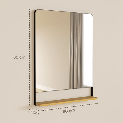 Decorative Mirror with Wood Shelf, Industrial Wall Mirror, Black