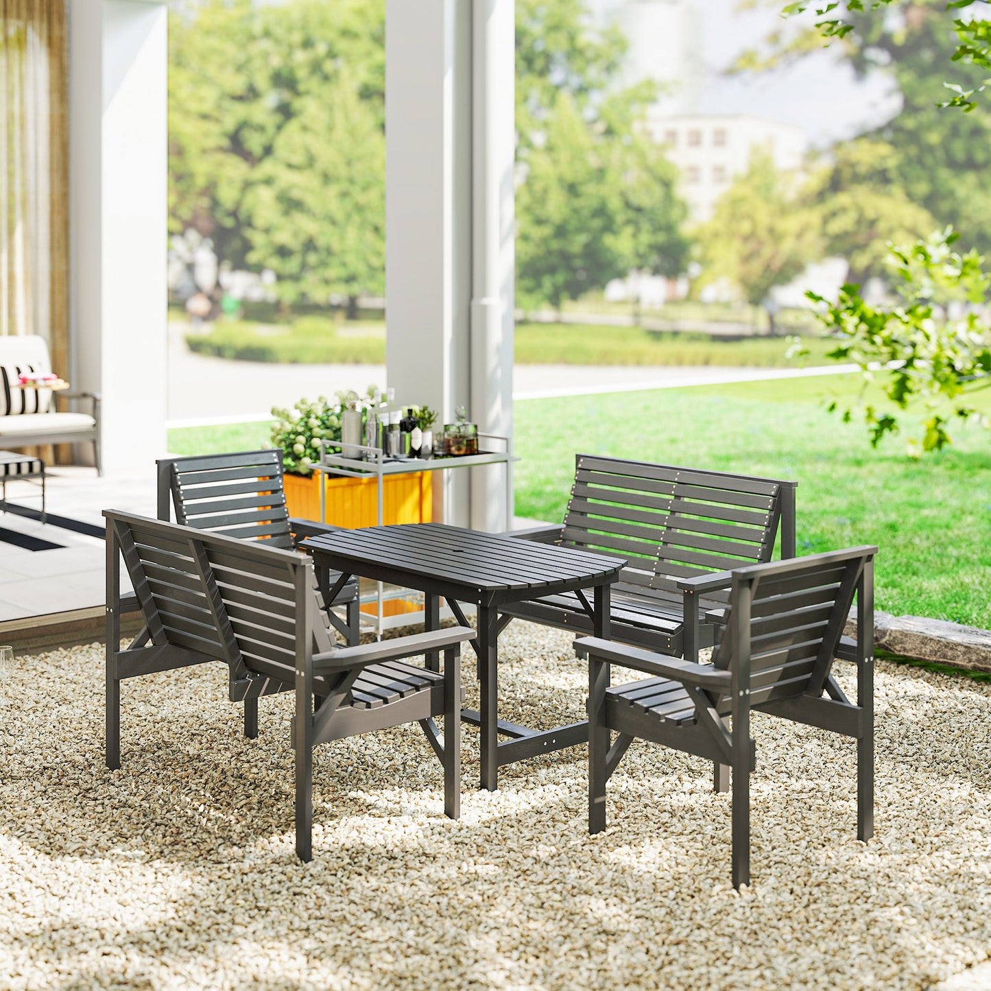 5PC Patio Dining Set Wooden Table and Chairs w/ Umbrella Hole Grey